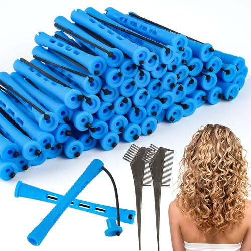 60 Stück Dauerwellen Wickler Mit Zwei Kämmen, Dauerwellen Set Komplett,Lockenwickler Klein Curler,8.3 * 0.9cm Zoll Hair Roller, Haarwelle Stangen Für Mittellanges Langes Kurzes Haar(Blau)
