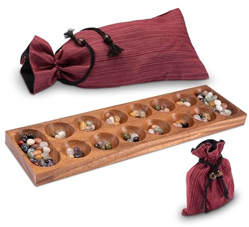 LOGOPLAY Kalaha spel för 2 spelare med tygpåse – spelplan 13 x 44 cm – Hus – Bao – med ädelstenar