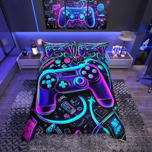 Loussiesd Gamer Bedding Set Neon Gamer Duvet Cover Set for Kids Boys Girls Gaming Double Size 3Pcs Comforter Cover Game Controller Bedspread Bedroom Collection