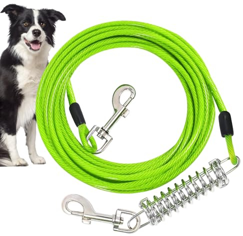 Cavo Resistente per Cani, guinzaglio per cani a prova di masticare 6m con perno di ancoraggio con molla ammortizzante, guinzaglio per cani lunghi per recinzioni esterne, uscite di caccia (verde erba)