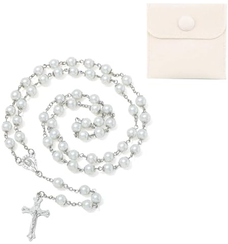 LIULINY Set da 1 Pezzo Rosario Cattolico Collana Perline, Rosario Cattolico Crocifisso Collana, Perle con Sacchetto di Velluto, per Comunione, per Battesimo, Messa, Bibbia (Bianco)