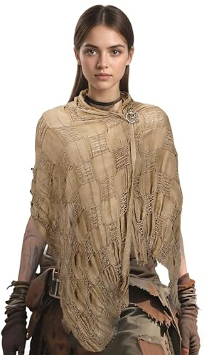 Vintage Viking Scarf Shawl with Brooch, Men Women Medieval Renaissance Retro Shaman Rogue Knights Pirate Witch Wizard Hooded Cloak Cowl Post Apocalyptic Tattered Head Scarf Shoulder Cape Wrap