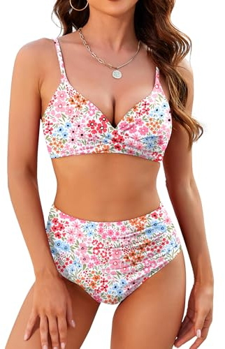 ZAFUL Women High Waisted Bikini Sets Two Piece Swimsuit Push Up Twist Front Ruched Bathing Suit Pink Floral M