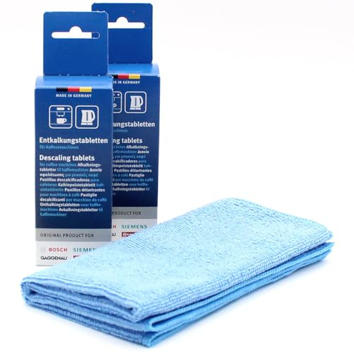 Kit di cura: 12 Pastiglie Decalcificanti per macchine da caffè + panno in microfibra, compatibile con Siemens TC13220(00), TC14(00), TC1410(00), TC1500(00), TC20(00), TC2500(00)