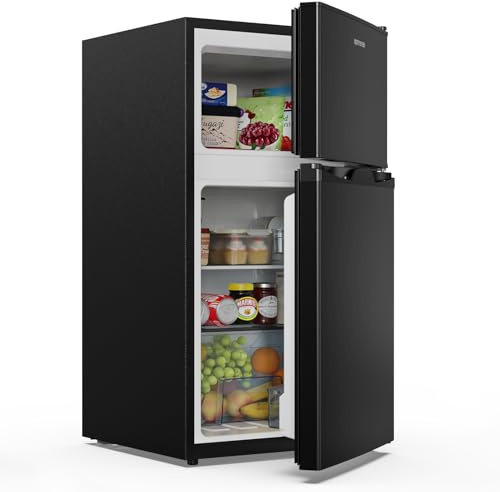 Upstreman 84L Kühl Gefrierkombination, Kühlschrank mit Gefrierfach oben，39dB Leise und LED Beleuchtung，Kleiner Kühlschrank mit 2 Wechselbare Tür, TM84 Schwarz