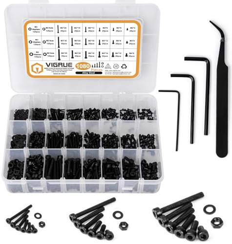 VIGRUE 1080Pcs Schrauben und Muttern Set, Schwarz Kohlenstoffstahl Metrische Schrauben Set, M2 M3 M4 Schraubensortiment Sechskopf-Knopf Gewindeschrauben,Maschinenschrauben