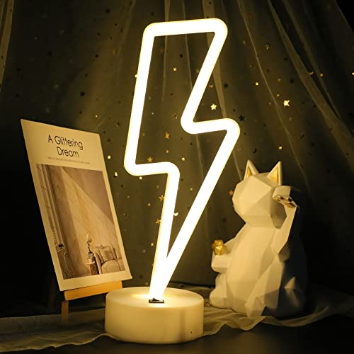 ENUOLI Lightning Neon Light Signs LED Neon Signs Lamps Lightning Neon Lights Room Decor Battery/USB Operation Night Lights with Pedestal Warm White Neon Light up Bar Bedroom Party Christmas