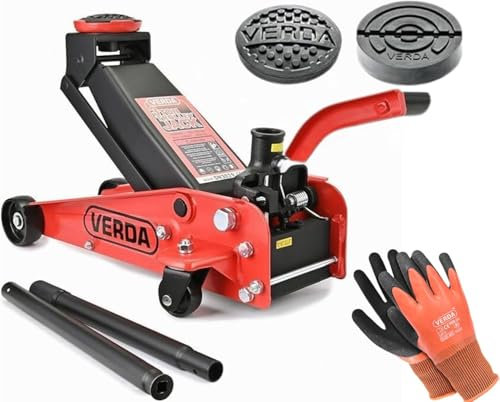 Verda Wagenheber hydraulisch 3T (130-490) + 2X Gummi + Profilmesser + Montagehandschuhe Rangierwagenheber, Profi, Tief, Doppelpumpsystem Doppelkolben, Heber, Werkstatt, Wohnmobil, Geländewagen PKW