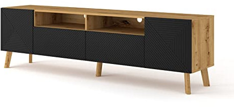 BIM Furniture Lowboard LUXI 195 cm Eiche Artisan, Fronten schwarz matt gefräst MDF, Beine aus Massivholz, Sideboard Highboard TV Tisch Kommode