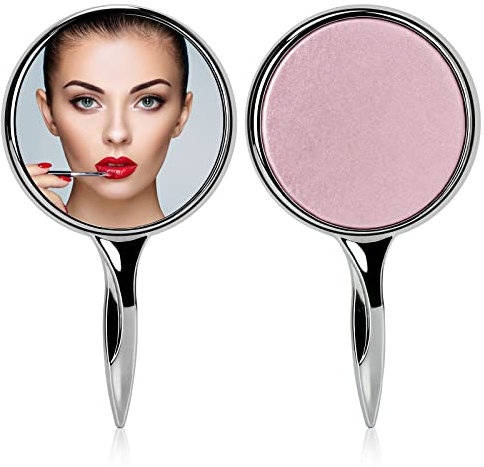YTZJ Direct Handheld Compact Mirror with Handle for Girls and Women, Round Personal Beauty Cosmetic Makeup Mirrors, Portable Travel Mirror with Distortion Free, Pink and Silver
