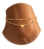 JeweBella Bracelet de Cheville Femme avec Coeur Perle en 18K Or Chaîne de Cheville Argent Or Acier Inoxydable Réglable Bracelet Cheville pour Femmes et Filles Bijoux de Pied de Plage