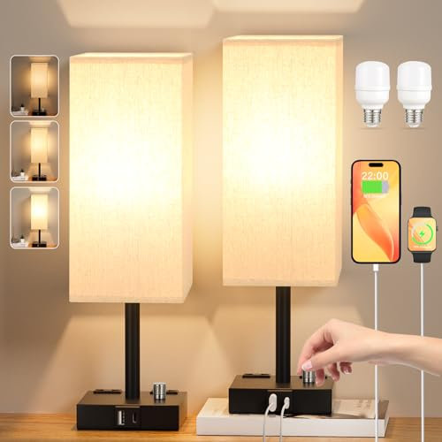 Lampada da Comodino con Porte Tipo-C USB-A, Abat Jour da Comodino Coppia, 4 Presa CA 2 Lampadine, Dimmerazione Continua, Lampada da Tavolo Moderne per Camera da Letto Soggiorno Ufficio