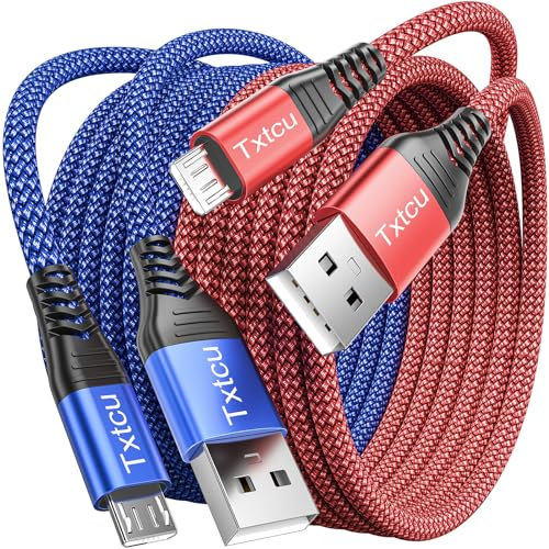 Txtcu Micro USB Cable [2Pack 3m], Long Charger Android Braided PS4 Controller Charging Compatible for Samsung Galaxy S7/S5/J3/J5/J7,Huawei,HTC,LG,PS4,Kindle,Xbox,Nexus,Nokia, Red/Blue