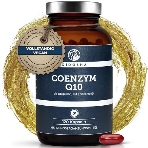 QIDOSHA® Coenzym Q10 Kapseln hochdosiert, 200mg Coenzym Q10 flüssig je Kapsel, 120 vegane Softgel-Kapseln im Glas, Ubiquinon eingebettet in Leinsamenöl für optimale Bioverfügbarkeit, Q10 als Ubichinon