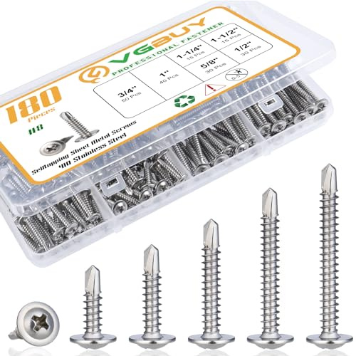 VGBUY 180Pcs #8 Self Tapping Screws Assortment Kit, 410 Stainless Steel Self Drilling Screws for Metal, 6 Sizes (1/2, 5/8, 3/4, 1, 1-1/4, 1-1/2) Modified Truss Head Sheet Metal Screw