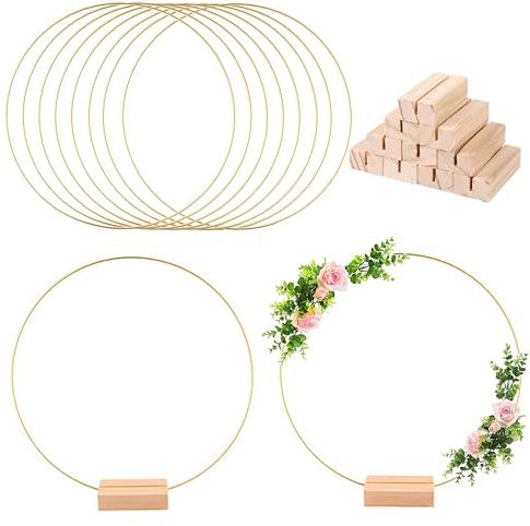 Idota 8pcs Metallringe zum Basteln 30cm, Metallring Gold mit 8 Holzständern