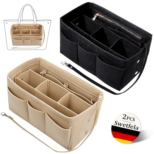 Swetfela 2 Stück Handtaschen Organizer,30x17x16 cm Filz Taschenorganizer mit Mehreren Fächern,Abnehmbare Große Kapazität Taschen Organizer mit Schlüsselkette,Innentasche für Handtaschen Schwarz+Beige