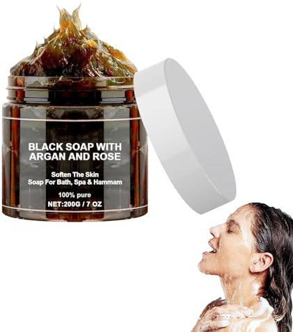 Marokko Schwarze Seife mit Argan und Rose, Morocco Black Soap, 100% Organische Marokkanische Schwarze Seife, Schwarze Seife Körper Peeling Seife, Peeling Duschgel für Weiche Haut (1 Stück)