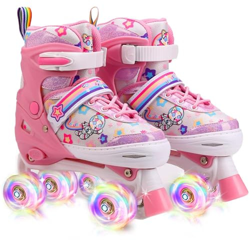preyrocbirds Roller Enfant Fille, Patin a Roulette Fille Enfant, Roues Lumineuses, Rollers pour Enfants 4 Taille Réglable pour débutants, Rollers Quad pour Filles et garçons