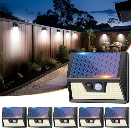 vighep Lampe Solaire Exterieur Detecteur de Movement, Lot de 6 Lumiere Solaire Exterieur, IP65 Étanche 3 Modes Spot Solaire, 270° Eclairage Exterieur Blanc Froid Applique Murale pour Jardin, Garage