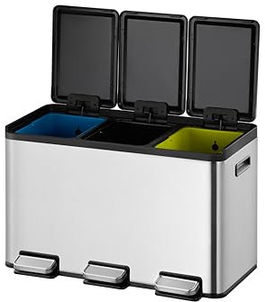 EKO | Pattumiera da cucina riciclabile 10L+10L+10L con pedale | Pattumiera anti-impronta in acciaio inox 30L | Triplo scomparto con chiusura ammortizzata | Design compatto e porta sacchetto