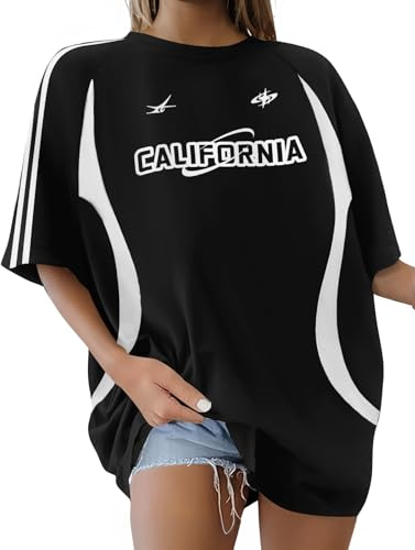 Xnova Tee Shirt Femme Col Rond Décontracté, Oversize T-Shirts Tops Coton Manches Courtes Imprimé De Lettres, Mode Ample Chemise Hauts Patchwork Confortables Streetwear Été (Noir, XXL)