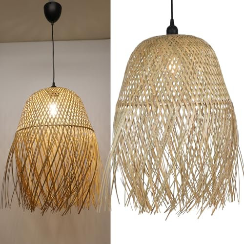 Alpinaluz Lámpara Colgante de Mimbre Natural Ø39cm - Diseño Artesanal con Flecos y Bambú, Cable Ajustable y Florón Negro, Ideal para Salón, Comedor