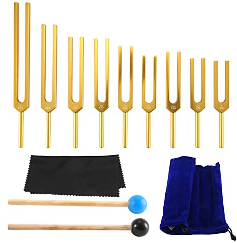 Exogio Juego de 9 diapasones para la curación de chakras, terapia de sonido, mantiene el cuerpo, la mente y el alma en armonía – dorado