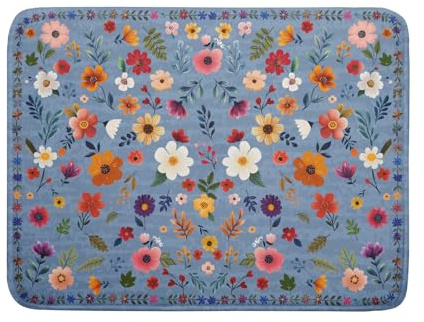Colorful Flower Dish Drying Mat - Blue Large Floral Coffee Mat for Kitchen Counter Decor 18 X 24