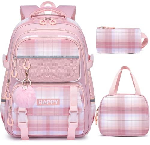 HANXIUCAO School Bag Sets - Kawaii Water Resistant Girls Backpack with Laptop Compartment for Primary Secondary Students (Kids Backpack+Insulated Lunch Bag+Pencil Case Pink)