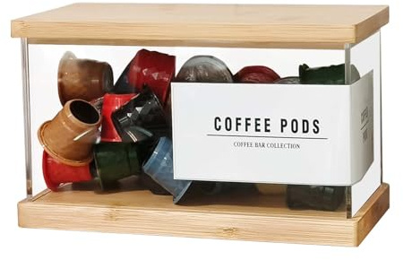 Gnjoyxuan Coffee Pod Holder Laundry Pods Container, Acrylic Dishwasher Pod Container with Bamboo Lid and Extra Labels, Candy Dispenser for Coffee Bar Kitchen Countertop