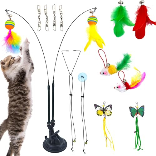 Wonvify Juguete interactivo para gatos para interiores, juego de 20 piezas para gatos con plumas, juguete para gatos con caña de pescar y ventosa
