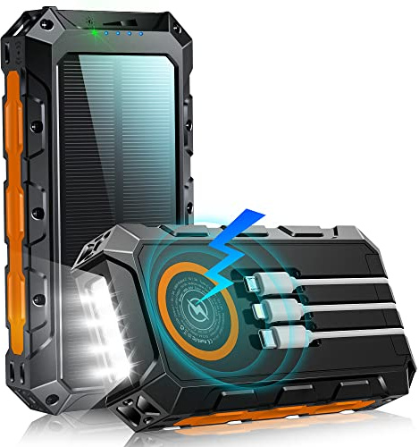Power Bank 52800mAh: Wireless Powerbank: Solar Powerbank USB C 7 Uscite con 3 Cavo Integrato, Torcia, Caricatore Portatile per Smartphone, Campeggio, Outdoor (Arancione)