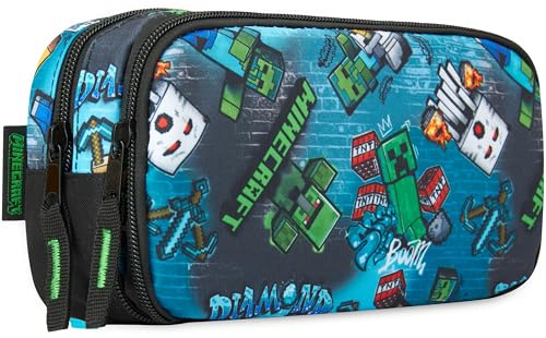 Get Trend Minecraft Federmäppchen Jungen & Mädchen mit 2 Fächern, Leicht & Robust, Großes Etui für Schule, Stifte Federtasche Mäppchen Teenager, Gamer Geschenk für Kinder (Blau/Multi Minecraft)