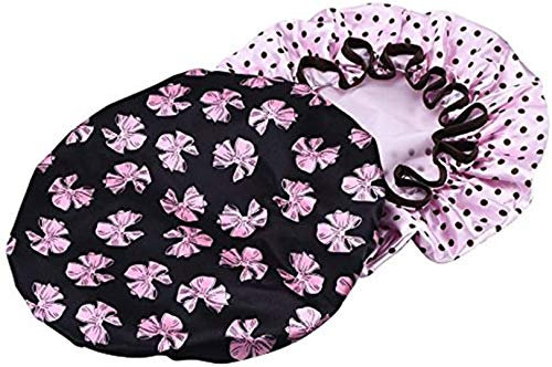 ULTNICE 2pcs Bonnet de douche imperméable Cheveux Accessoire Pour les femmes filles(bonnet noir avec papillon rose et bonnet rose avec pois marron)
