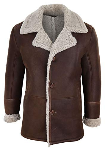 TruClothing Mens Real Sheepskin Coat Button Vintage German WW2 Captain Marine Jacket - brown XL