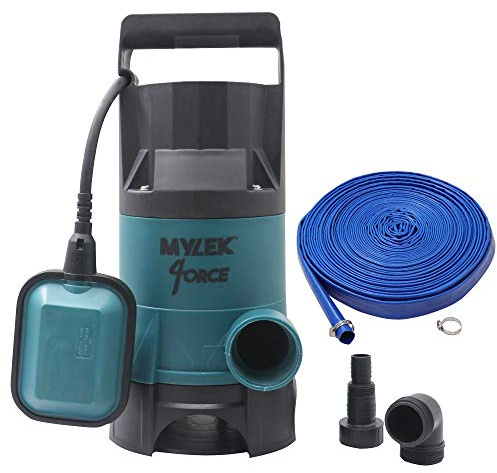 MYLEK Submersible Water Pump 400W Electric, 8000L/H, 15m Layflat Hose for Clean or Dirty Water with Float Switch, 10M Power Cable - for Floods, Pools, Gardens, Ponds, Hot Tubs