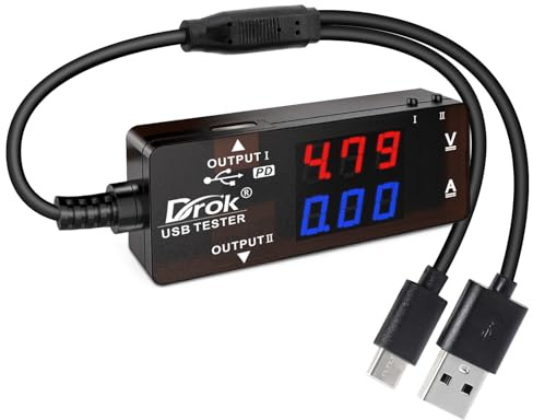 DROK USB Tester, USB-A USB-C 2.0 Multimeter Dual USB Ports PD QC 3.0 with Color LED Display Battery Charger Monitor, 7 Modes Capacity Voltage Current Power for Laptop Power Bank Solar Panel