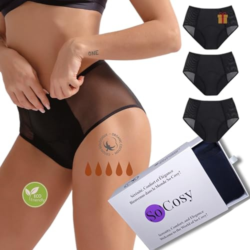 So’Cosy Culotte Menstruelle Taille Haute Adria Lot de 3 en Coton Bio pour Flux Très Abondant - Culotte Femme Coton Confortable et Écologique - Idée Cadeau Femme, Noir, M