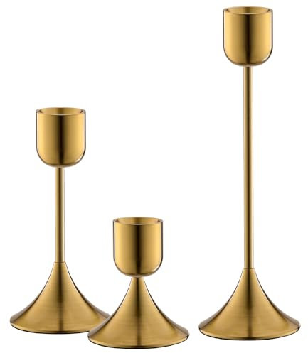 idyllictime Candle Holder Metal Heavy Base for Room Décor Christmas Decorations Party Wedding Halloween (Shiny Copper, 1 Set(3 Pcs))
