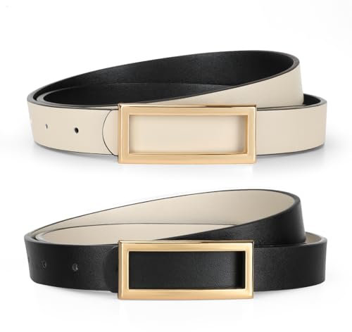 VONMELLI Schmaler Wendegürtel für Damen, Dünner Ledergürtel für Kleider Jeans Hosen mit goldener Schnalle Schwarz/Beige S