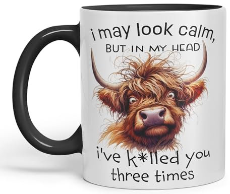 Vixar I May Look Calm, but in My Head I've k*lled You Three Times Highland Cow Joke sarkasm Sarcastic Ceramic Coloured Mug Cup for Tea Coffee Hot Brew 330ml 11Oz Gift (Black)