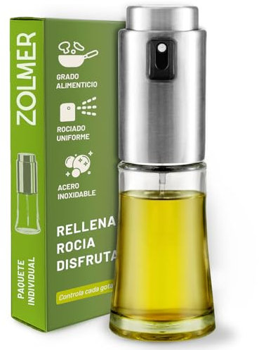 ZOLMER® Spruzzatore olio per olio da cucina – spray per friggitrice ad aria calda, cucina, cucina e barbecue – flacone spray olio in vetro e acciaio inox – senza BPA, ricaricabile, finemente spruzzato