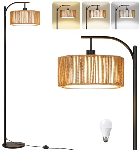 Winverty Lámpara de Pie Ratán Regulable 160cm, Lámpara Pie Boho Vintage con Doble Pantalla y Bombilla E27 9W, Lampara Salon Dormitorio con Interruptor de Pie