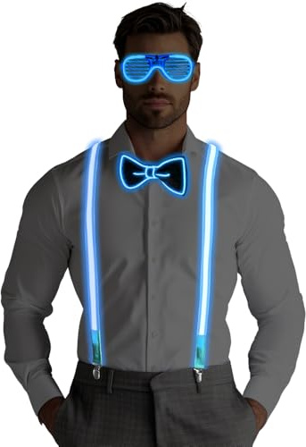 Lot de 3 bretelles lumineuses à LED pour homme et nœud papillon, LED Bretelles Homme, Réglable Élastique Bretelles, Cravate Lumineuse Pour musique, fête costumée d'Halloween (Bleu + Lunettes)