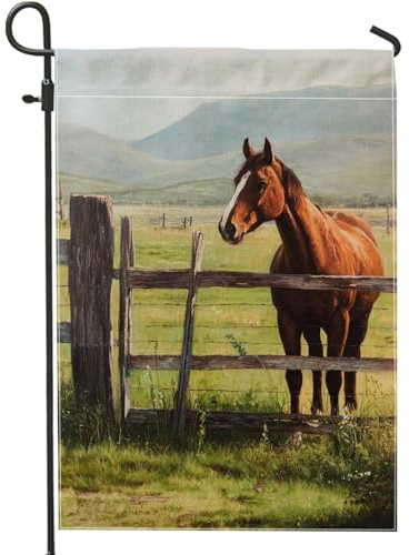 Bandera de jardín de caballo, valla natural rural, hierba de verano, arpillera marrón, banderas decorativas de doble cara para patio al aire libre, césped, porche delantero, balcón, 12 x 18 pulgadas