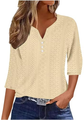Summer Tops for Women UK - Ladies Blouses Elegant Going Out Eyelet Embroidery Three Quarter Sleeve Tops Hollow Out Casual Business Outfits Tunic Tees Button 3/4 Sleeve V-Neck T-Shirts