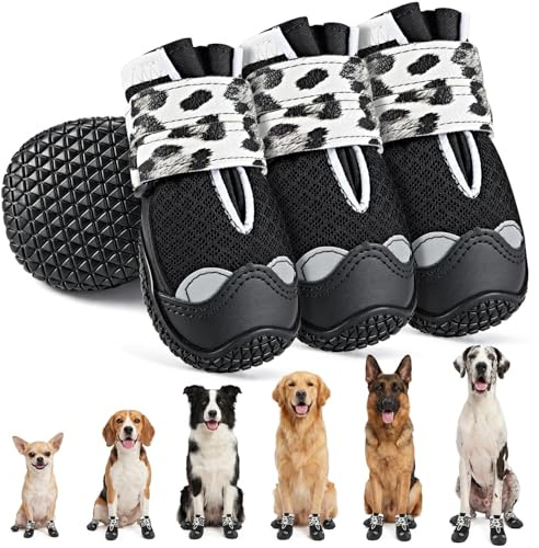 SlowTon Chaussures respirantes pour chiens de grande, moyenne et petite taille, bottes réfléchissantes pour chiens avec double sangle et semelle en caoutchouc souple, protège-pattes antidérapants pour