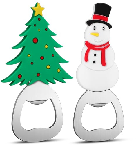 VICASKY 2 Pezzi Apribottiglie Natalizio a Forma di Albero di Natale in Acciaio Inossidabile e Silicone, Compatto e Portatile per Feste e Uscite