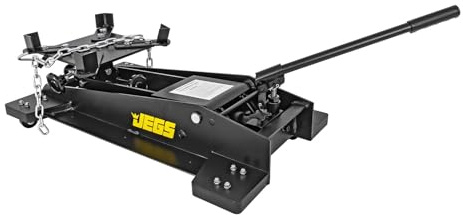 JEGS Low Profile Transmission Floor Jack - 1,000 LBS Lift Capacity - Lift Range 8.5 to 23 - 360 Degrees Pump Handle Rotation & Adjustable Load Support Arms - Yellow or Black Steel Frame